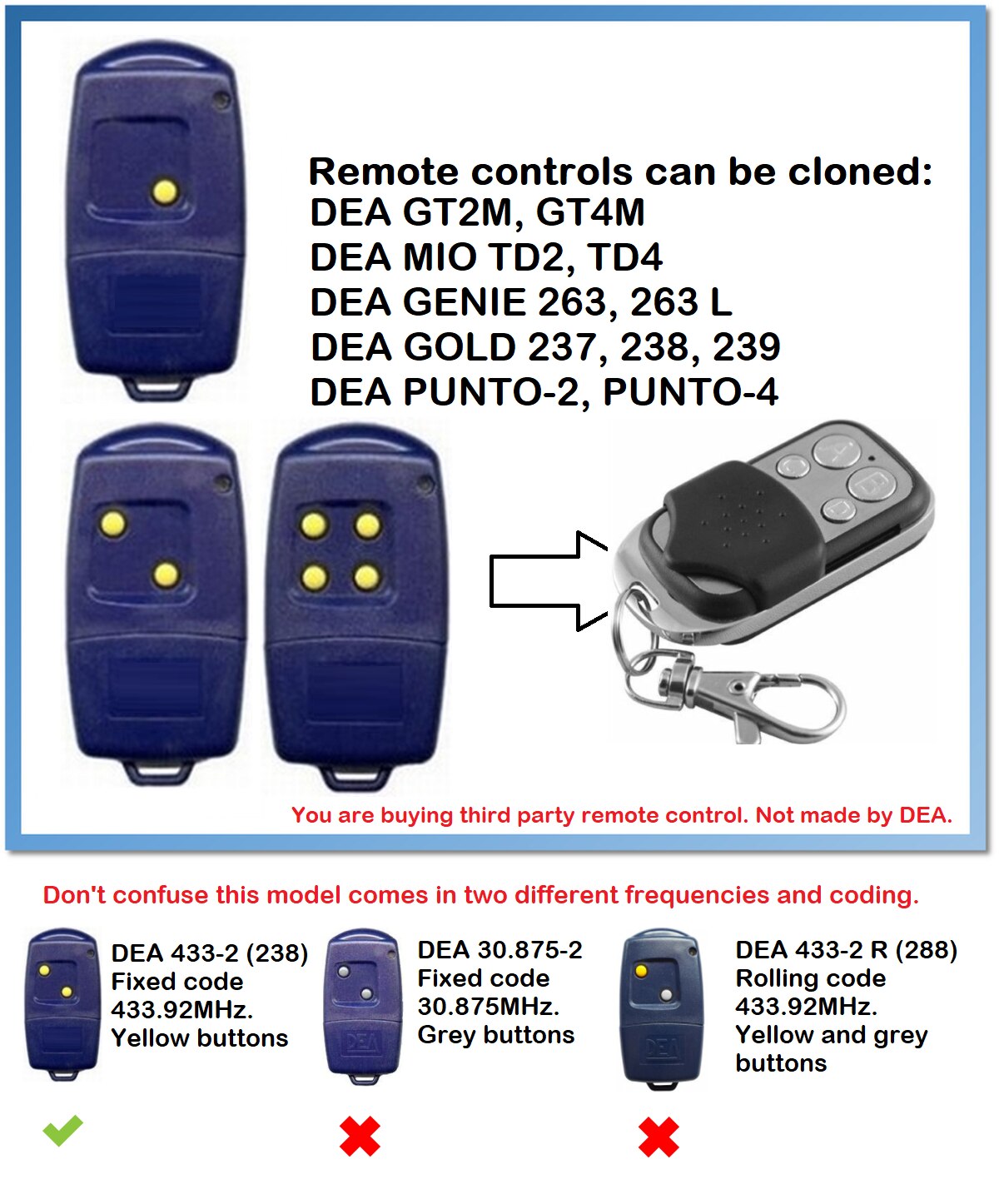 DEA GENIE 263, 263 L 4-Channel 433.92MHz fixed code Universal Remote Control duplicator