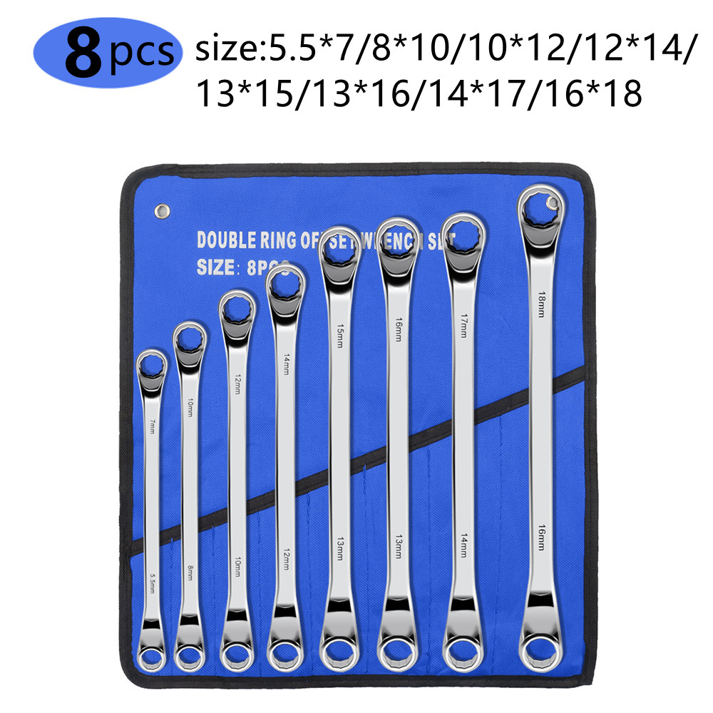 Offset Box End Wrench Set, 45# Carbon Steel Metric 45-Degree, HRC38-45 Long Double Ring Wrench Spanners with Rolling Pouch: green