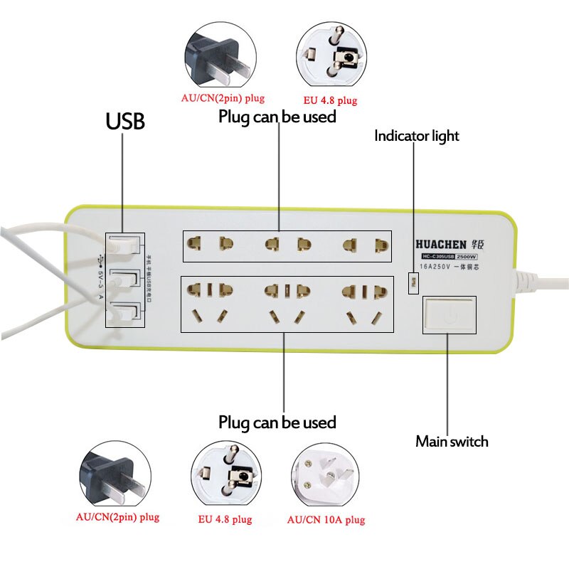 Extension Socket - 6 AC Outlets + 3 USB Ports - 3.1A Total - 1.8m Cord - 2500W Power Strip
