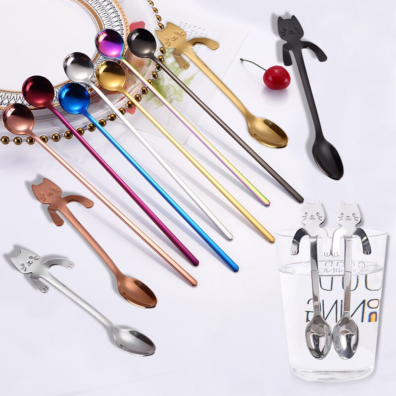 Stainless Steel Cute Cat Spoon Hanging Coffee Milk Stirring Spoons