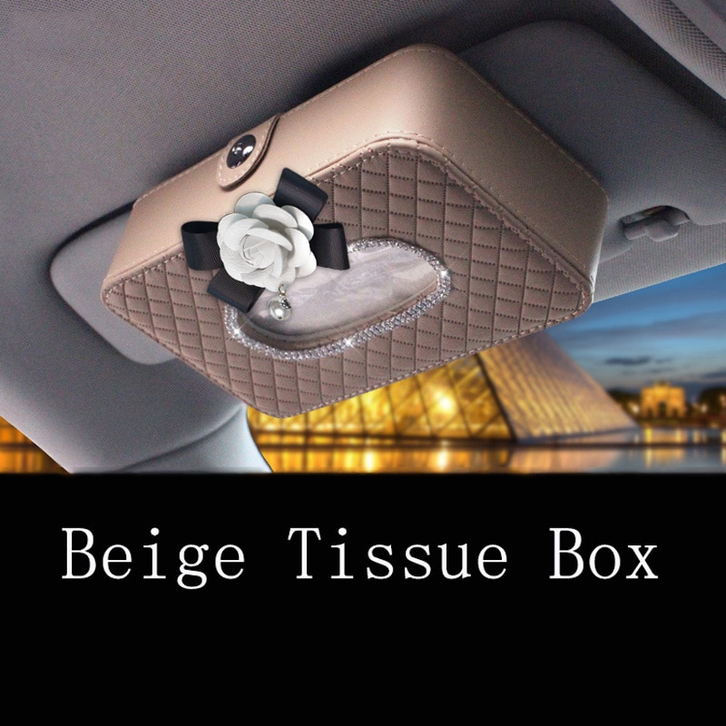 Camellia Rhinestone Car Sun Visor Type Car Tissue Box Holder Leather Diamante Interior Floral Paper Towel Storage Accessories