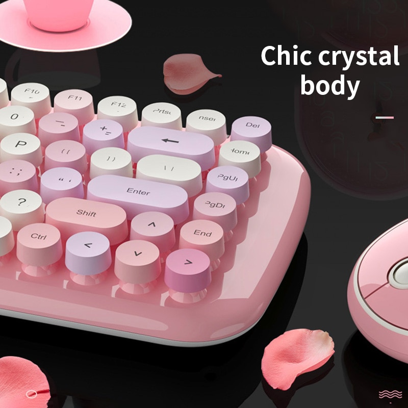 Kit de clavier et souris sans fil 2.4G pour filles, rétro, Vintage, 84 touches rondes colorées, Orange, rose, bleu, vert, pour ordinateur portable,
