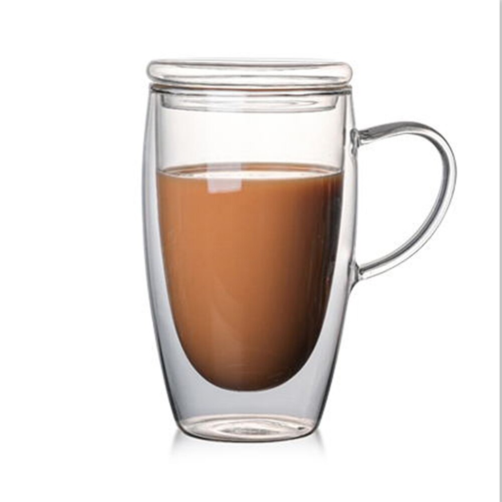 Double Wall Insulated Glasses Espresso Mugs High Temperature Resistant Thick Transparent Glass Cup AUG889: with lid 450ml