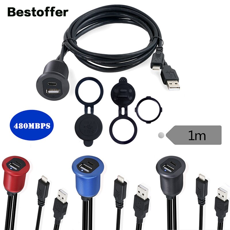1 Meter Led Licht Type-C 2.0 Naar Usb 2.0 Man-vrouw Aux Auto Mount Flush Waterdichte Kabel