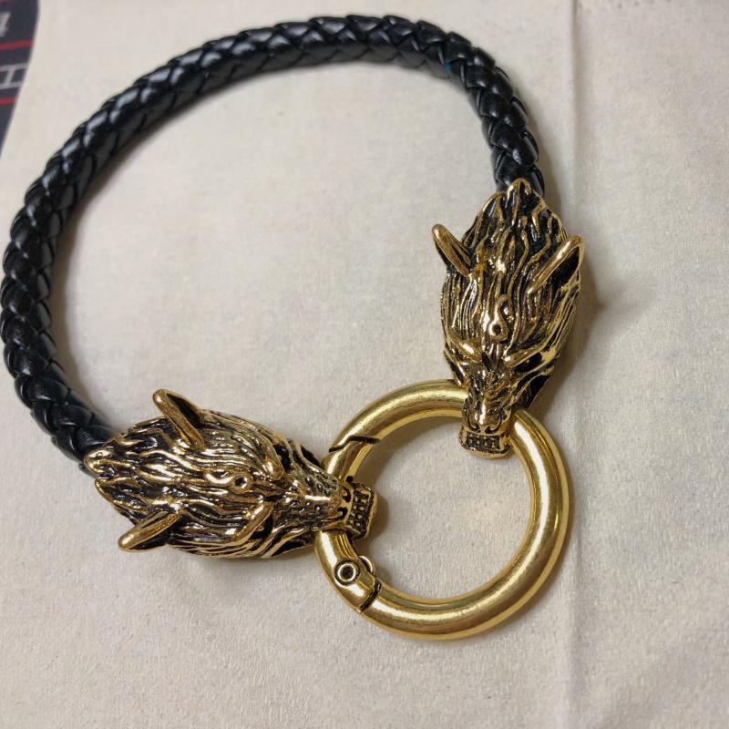 Bracciale testa di lupo vichingo catena di corda di cuoio doppio anello di morso testa di lupo bracciale per uomo amuleto regalo gioielli vichinghi: A6962-GoldBlack