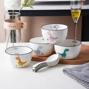 Huishouden Kom Set Keramische Servies Combinatie Leuke Cartoon Japanse Kom Creatieve Eten Rijstkom Soepkom Met Lepel: Black