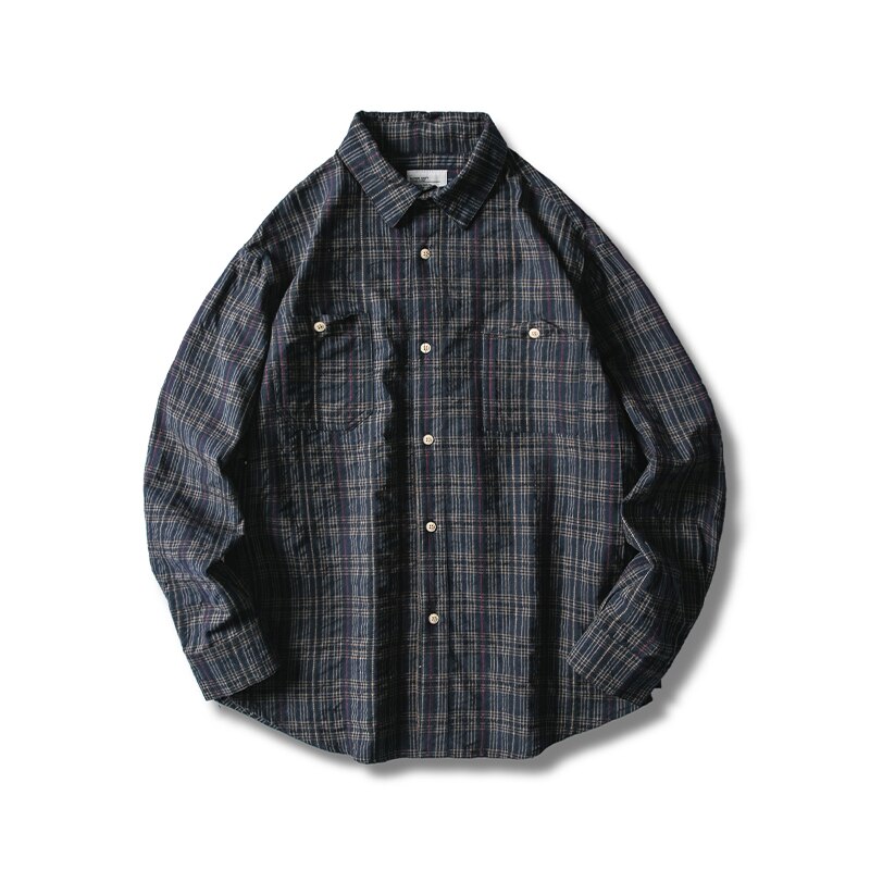 Japanse katoenen heren geruite overhemden met lange mouwen, retro trend, geruite overhemden, heren overhemd met zak, herfst, heren casual overhemden, 50