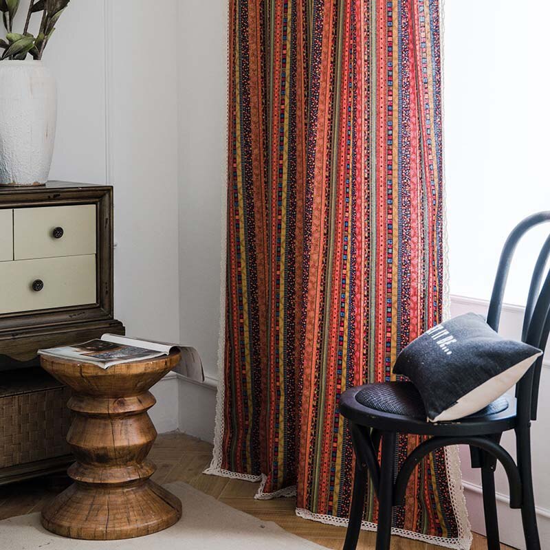 Boho røde gardiner til soveværelse stue luksus marokko etnisk stribet bomuld linned rør gardiner køkken karnap gardiner