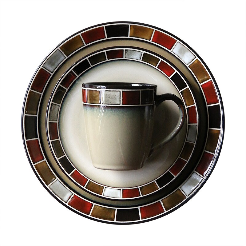 Vajilla occidental de cerámica con celosía roja, platos de cocina para el hogar, plato de carne, ensaladera, juego de tazas de leche para desayuno