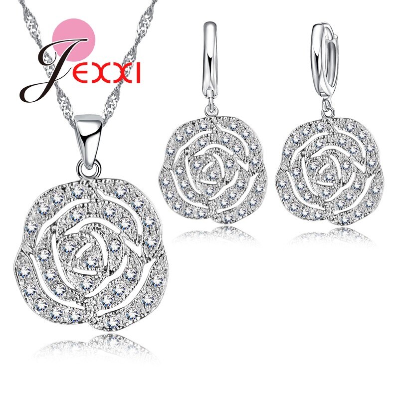 Elegante Romantiek Vrouw Favoriete Rose Hanger Ketting Oorbellen Helder Zircon Strass 925 Sterling Zilveren Sieraden Set