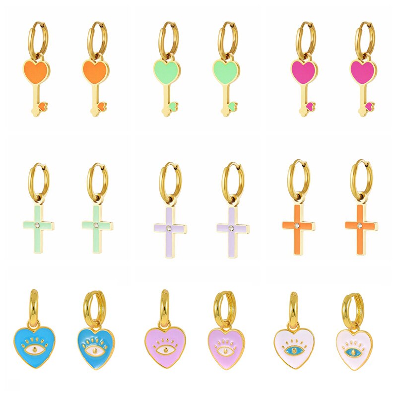 Pendientes Oorbellen Zilver Kleurrijke Enamel Cross Liefde Sleutel Hoop Earring Voor Vrouwen Wedding Charms Oorbellen Jewerly