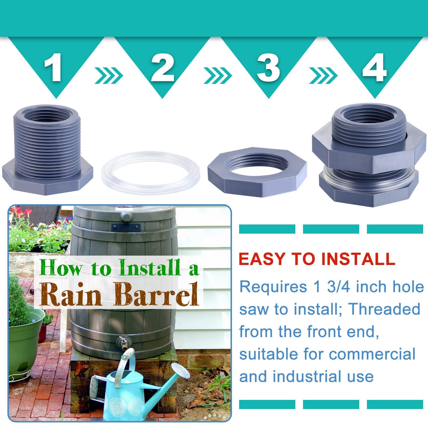 2 Pieces 1 Inch PVC Bulkhead Fitting for Rain Barrels, Aquariums, Water Tanks,Ponds and Pools