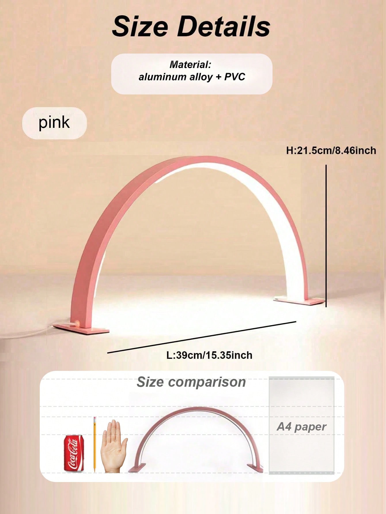 Lâmpada de unha meia-lua em forma de U, lâmpada de mesa com botão USB, para iluminação de unhas, cômoda, mesa de artesanato, iluminação de mesa de cabeceira: Rosa