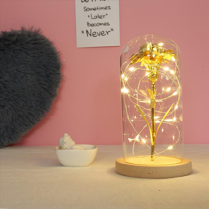 Artificial Eternal Rose LED Light Beauty The Beast Rose Flower In Glass Dome Wooden Base For Decorate Valentine's Day: XOI1073A