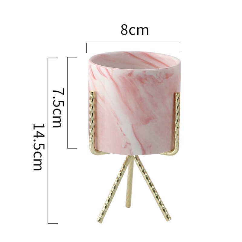 1 stuk scandinavische stijl marmeren keramiek ijzeren kunst vaas bloempot met ijzeren houder tafelblad huis bruiloft woonkamer decoratie: Roze m