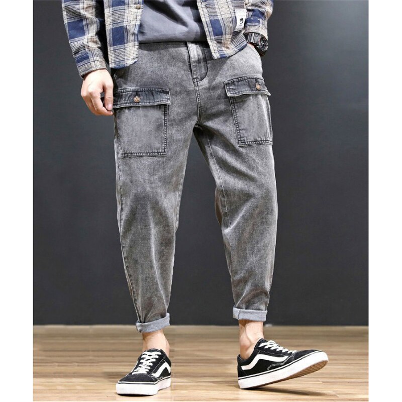 High Stretch Harem Jeans Men Plus Size Style Multi-pocket Cargo Pants Outdoor Loose Gray Washed Trouser: 4XL