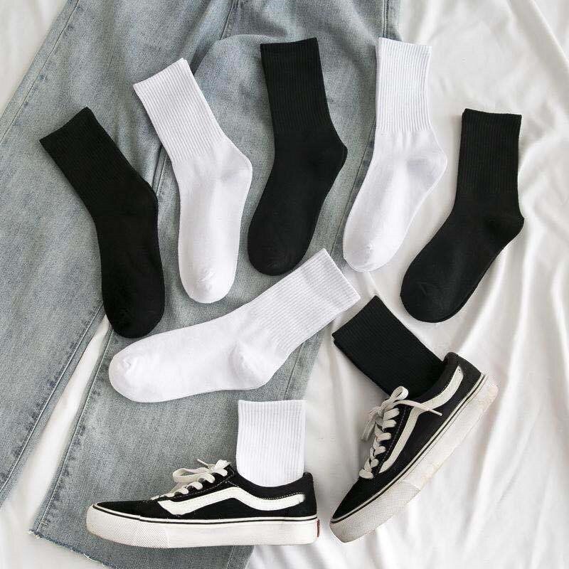 Calcetines clásicos de algodón 95% para mujer y hombre, medias largas y cortas de Color sólido, Color blanco y negro, 10 par/paquete