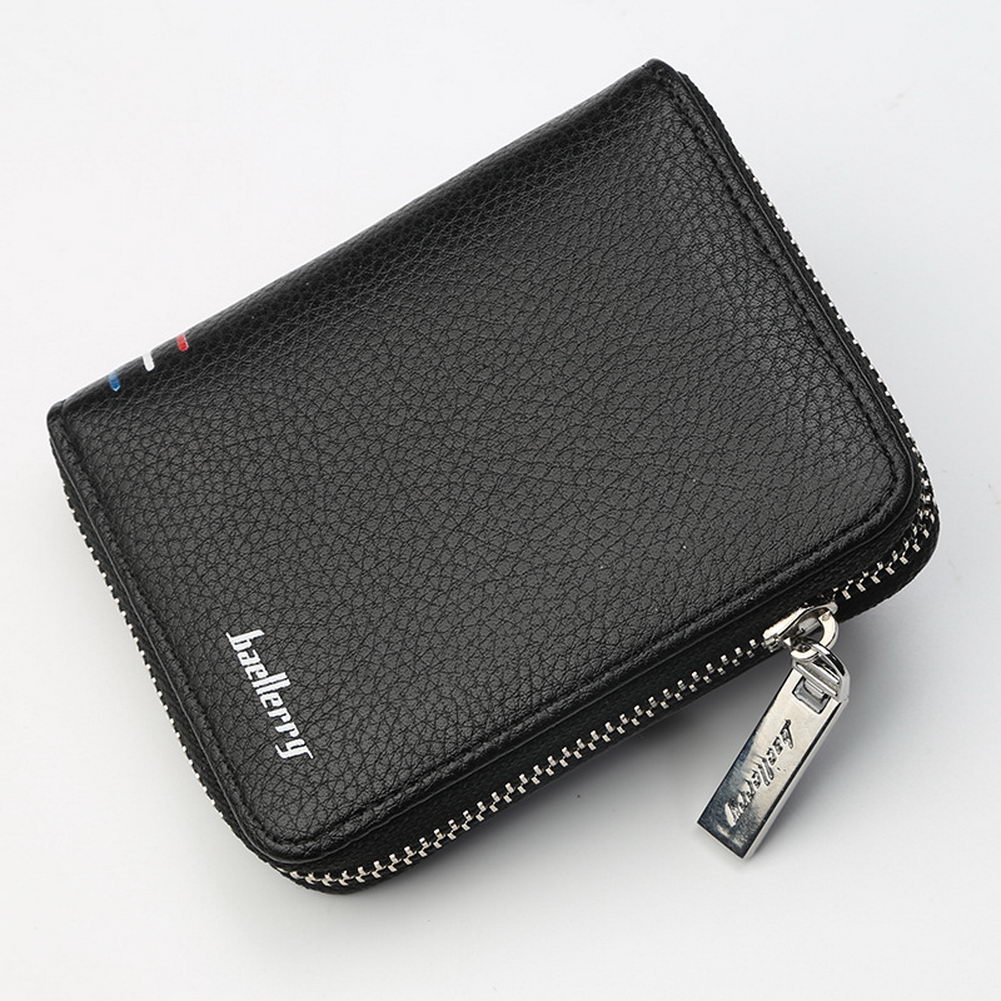 Mens PU Leather Zipper Wallet Zip Around Purse Bifold Multi Card Holder: Black