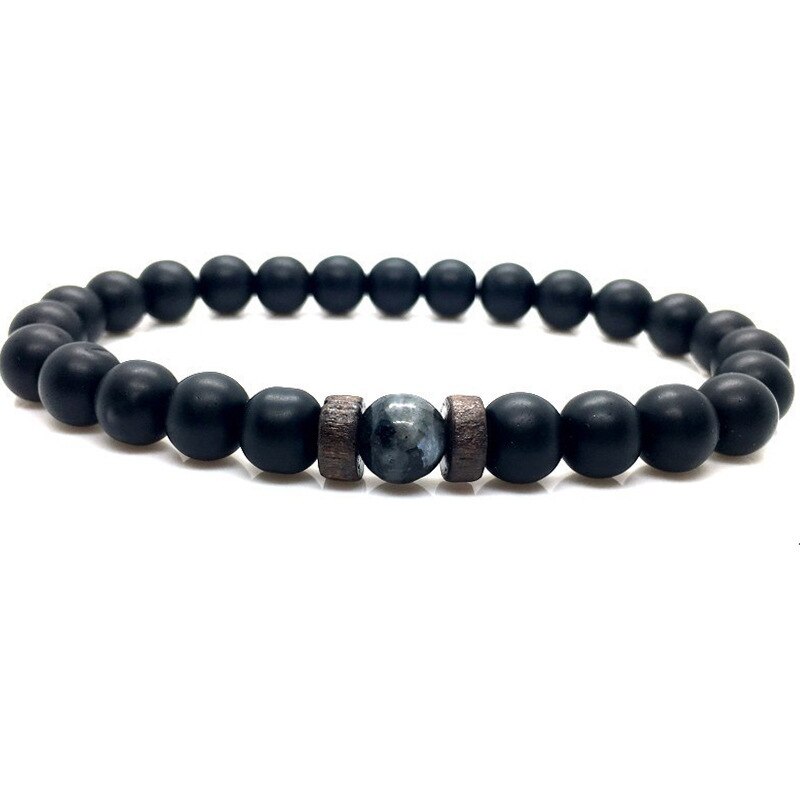 Pulsera de piedra volcánica para hombre, brazalete con cuentas negras, cuerda elástica, , joyería: F