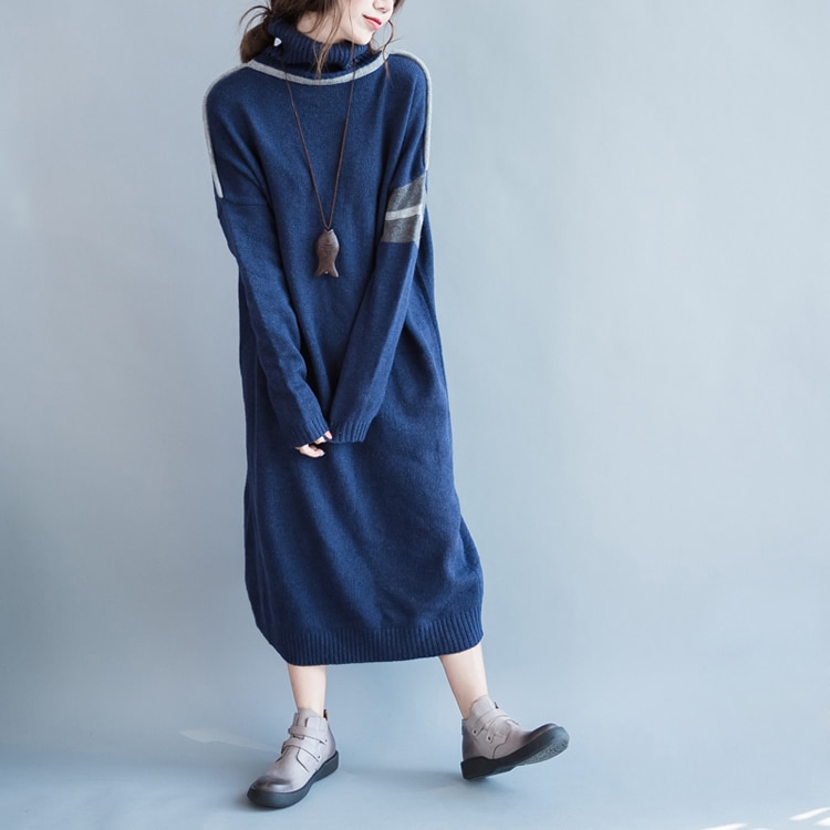 Vestido de talla grande para mujer, de algodón, liso, jerséis, informal, de cuello alto, tejido a la , azul, cálido, para invierno