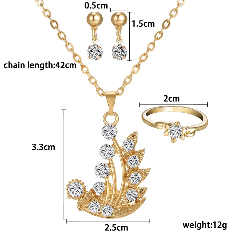 Mode Vrouwen Sieraden Set Crystal Gold Plated Hanger Ketting Stud Oorbel Ring Bloem Blad Wedding Accessoires
