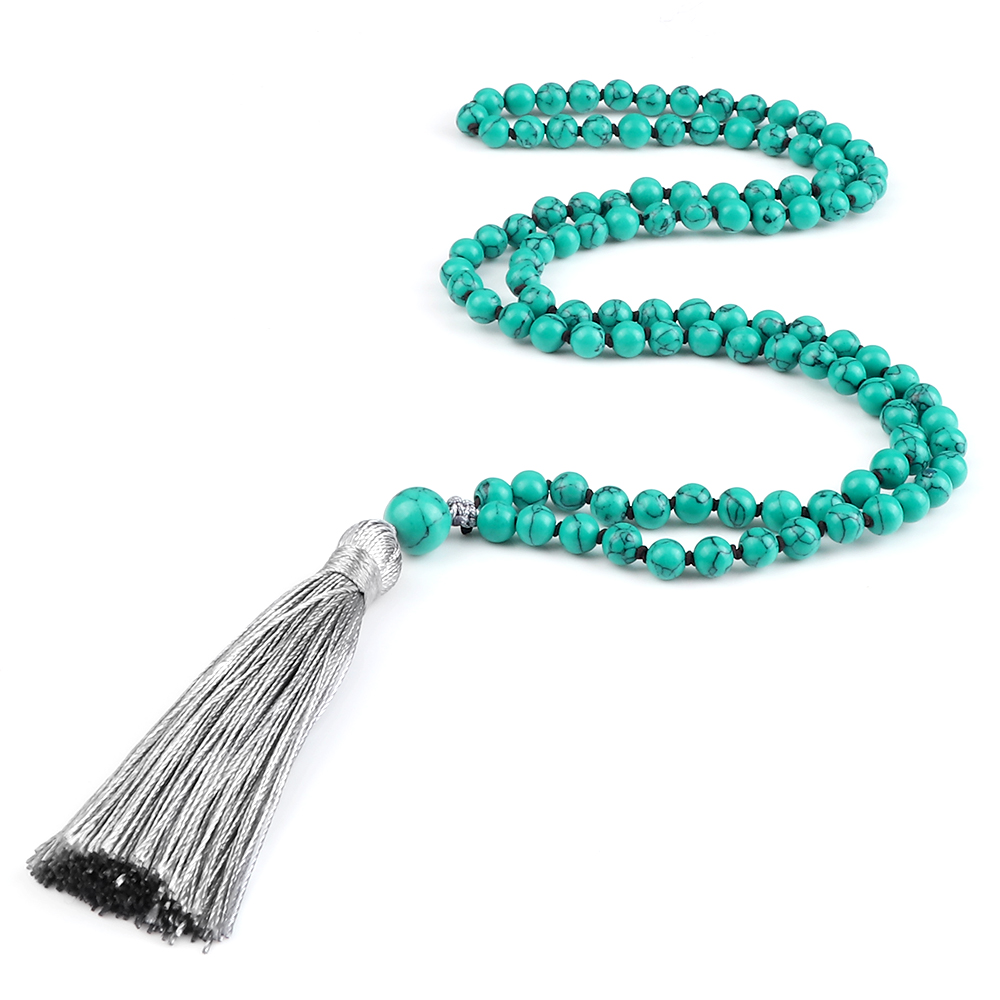 108 Beads Prayer Necklace Natural Green Stripe Onyx Stone Buddhist Buddha Meditation Bead Mala Necklace Women Men Jewelry: Imitation Rhodium Plated