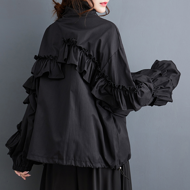 Übergroße schwarze Jahrgang geraffte Damen jacken Frühling Herbst lässig verlieren Jacke Mantel Strickjacke Kleidung Oberbekleidung 2024