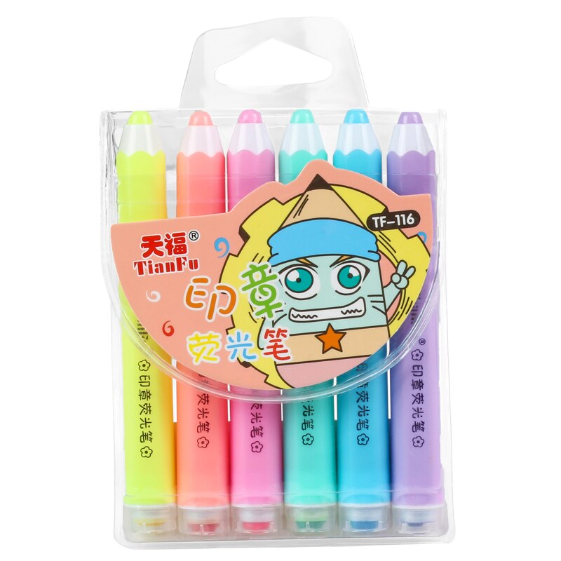 Pencil Shaped Stamp Highlighter Pen Double Ended Hexagonal Mini Fluorescent Marker 6 Pcs/ Bag Textmarker Students Kids: Default Title