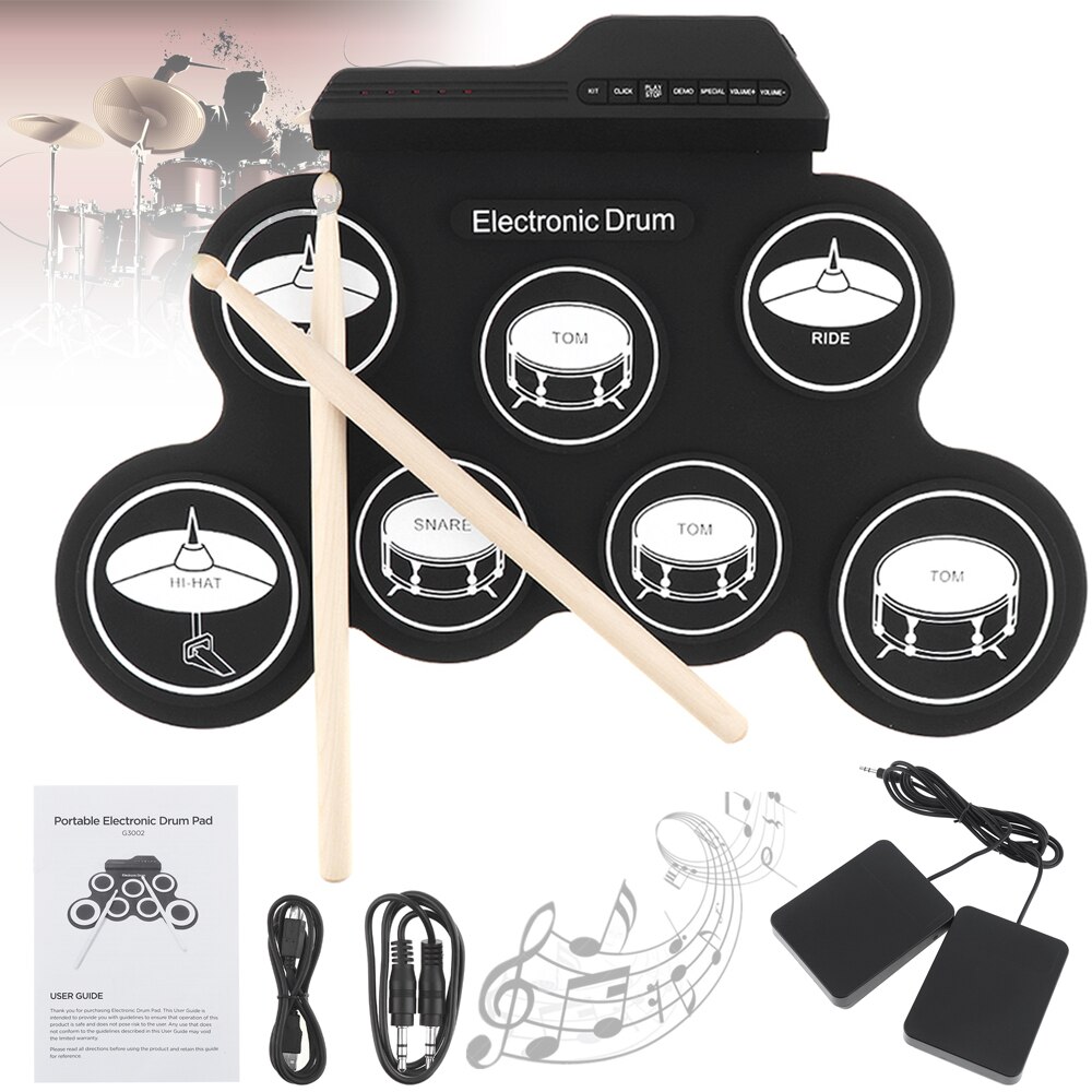 Portable Silicone Electronic Digital USB 7 Pads Roll up Set Green Electric Drum Kit with Drumsticks and Sustain Pedal