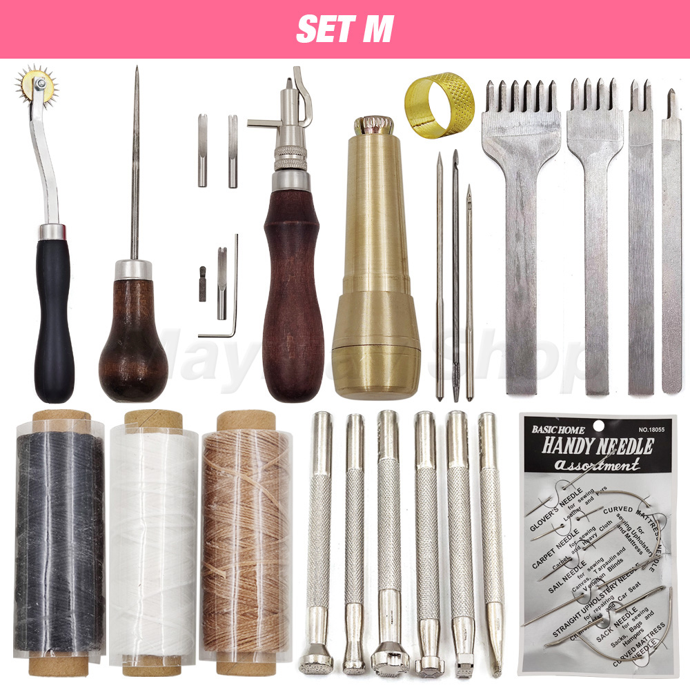 Pine Wood Leathercraft Hand Stitching Clamp Leathercraft Tool Set Kits Leather Punching Carving Saddle Groover Tools Storage DIY: SET M