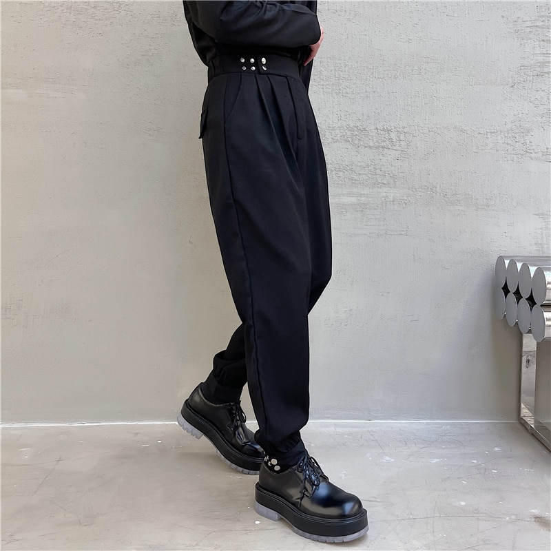 Pantalon sarouel Chic de Style coréen pour homme, couleur unie, noir et blanc, avec ceinture, longueur fuselée à la cheville, décontractée, printemps et été: XL / Black