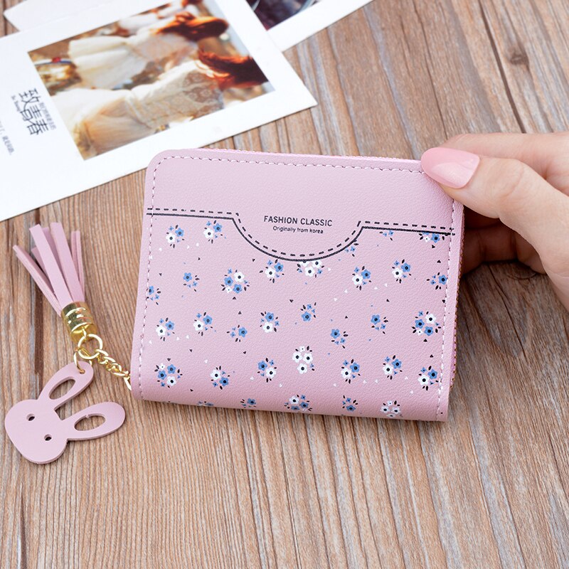 nueva cartera de mujer cartera corta de piel cremallera tarjeta con borla bolso Estudiante Coreano pequeña cartera Floral