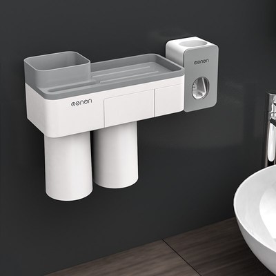 Magnetische Tandenborstel Houder Met Tandpasta Knijper Met Cups Voor 2/3 Personen In Badkamer Opbergrek Nail Gratis Mount: 2personwith squeezer