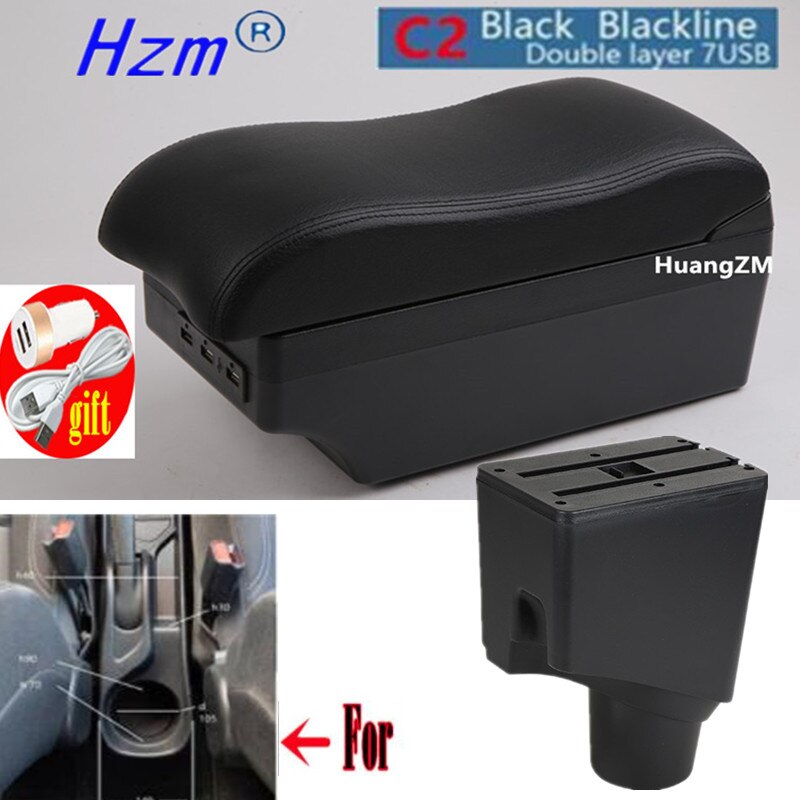 For Toyota Yaris Armrest For Toyota Yaris hybrid Car Armrest box Retrofit parts Interior Storage box USB LED: C2 style black line
