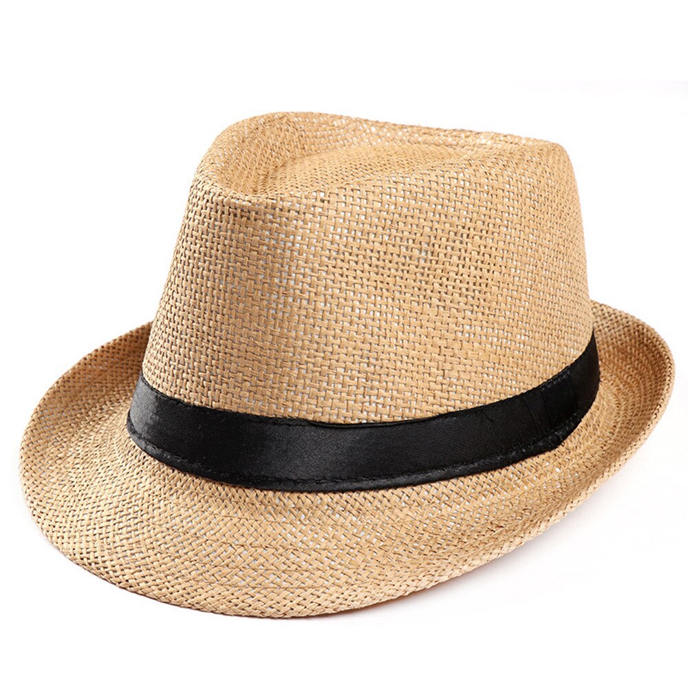 Sombrero de paja con banda para el sol para hombre y mujer, sombrero de gángster con contraste, para playa y verano: Khaki