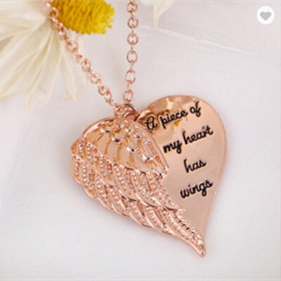 Women's necklace letter a piece of my heart has wings gold silver alloy love heart wing pendant feather angel necklaces: Rose gold