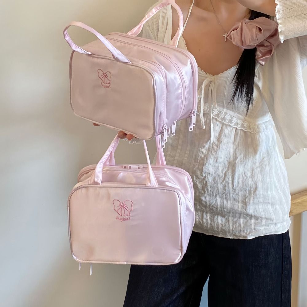 Toilettas Organisator Grote Capaciteit Boog Make-up Tas Roze Doek Toiletartikelen Tas Multifunctionele Waterdichte Reistas Meisjes