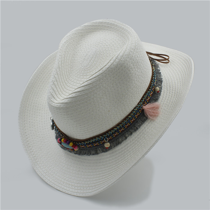 Sommer kvinners menns hule vestlige cowboyhatt til herre vestlig ord cowgirl jazz lokk stråStrand solhatt med håndarbeid: Hvit