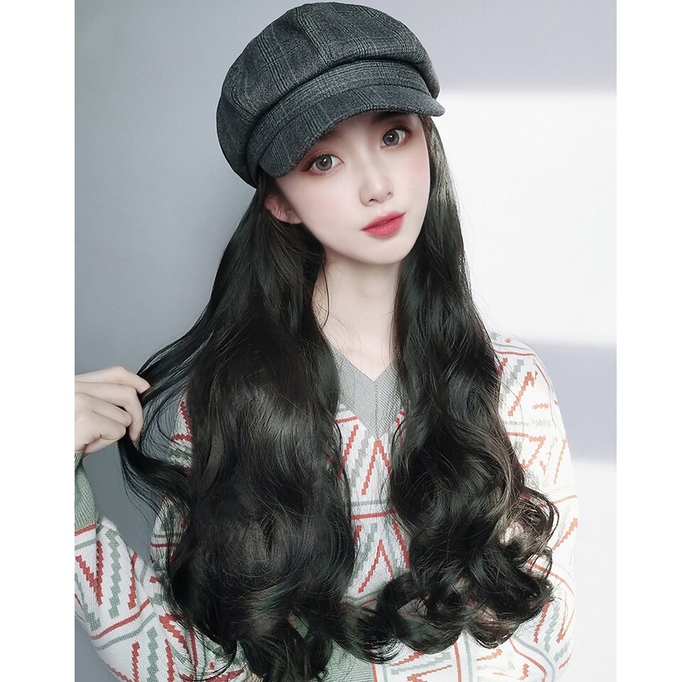 HUAYA casquette avec cheveux longs ondulés perruques pour femmes chapeau perruque synthétique chapeau Extensions de cheveux naturel faux cheveux