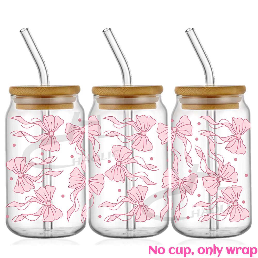 Roze zwierige strikken UV DTF Cup Wrap voor 16oz Libbey bierglas kan mooie liefde linten schattig girly Cup Wrap UV DTF sticker: WHITE