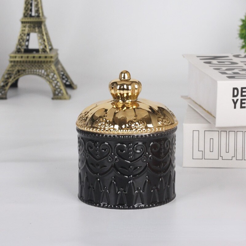 European-style Electroplating Ceramic Storage Jar Display Box Crown Jewelry Box with Lid Desktop Ornaments Home Storage Supplies: black