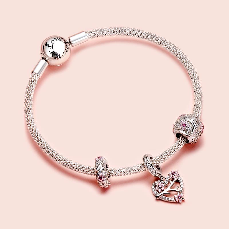 Wostu ægte 925 sterlingsølv blommeblomstperler blomst pink zirkon charm pasform originalt armbånd vedhæng gør selv-smykker