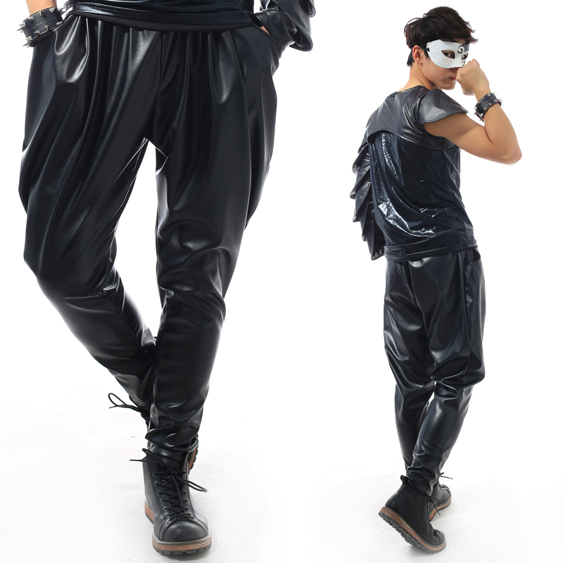 Big yards men's pants A male singer DJ club costumes Black skinny elastic leather pants The singer's clo