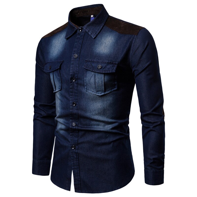 Dongeriskjorte herre langermet herre casual bomull jeansskjorte slim semsket matchende herre solide lommeskjorter topper chemise homme: Mørke blå / L