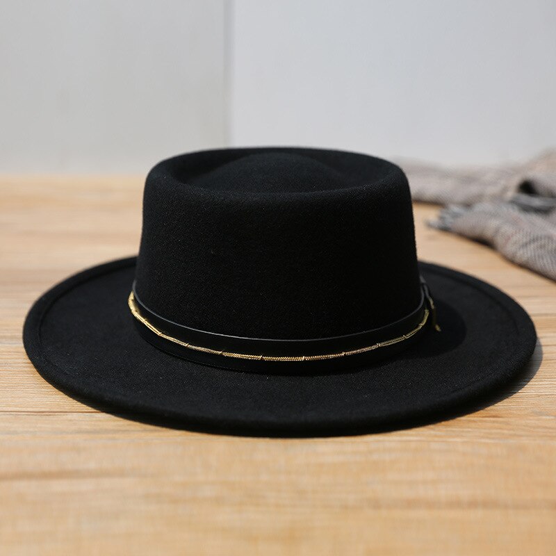 Casquette avec chaîne en feutre de laine pour femmes, chapeau marron à bord plat, casquette en forme de dôme, à la , chapeau Fedora pour église, X4069: Black