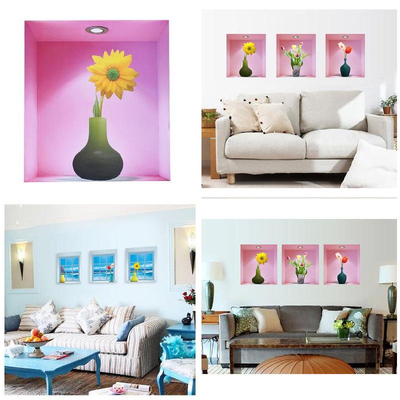 3 Pcs/Set 3D Wall Sticker Home Decoration Removable Flowers Vase Mural Art Decals Stickers For Living Room Bedroom Hogar XH8Z