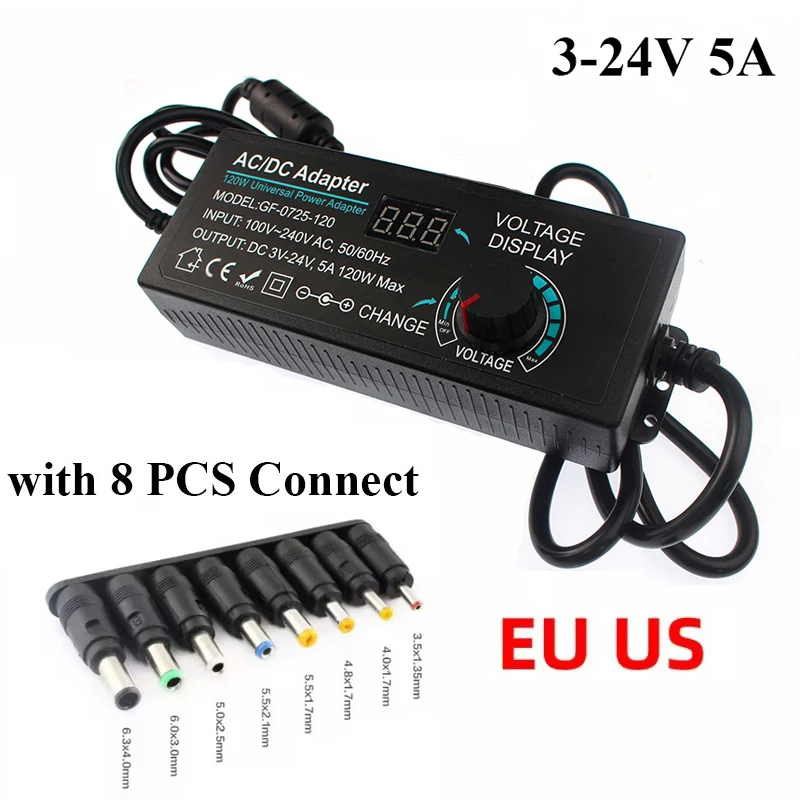 3V-24V 5A Adjustable Power Supply Adapter AC To DC Transformer Universal Led Power Supply with Display Screen Voltage Adapters: Orange / 24W