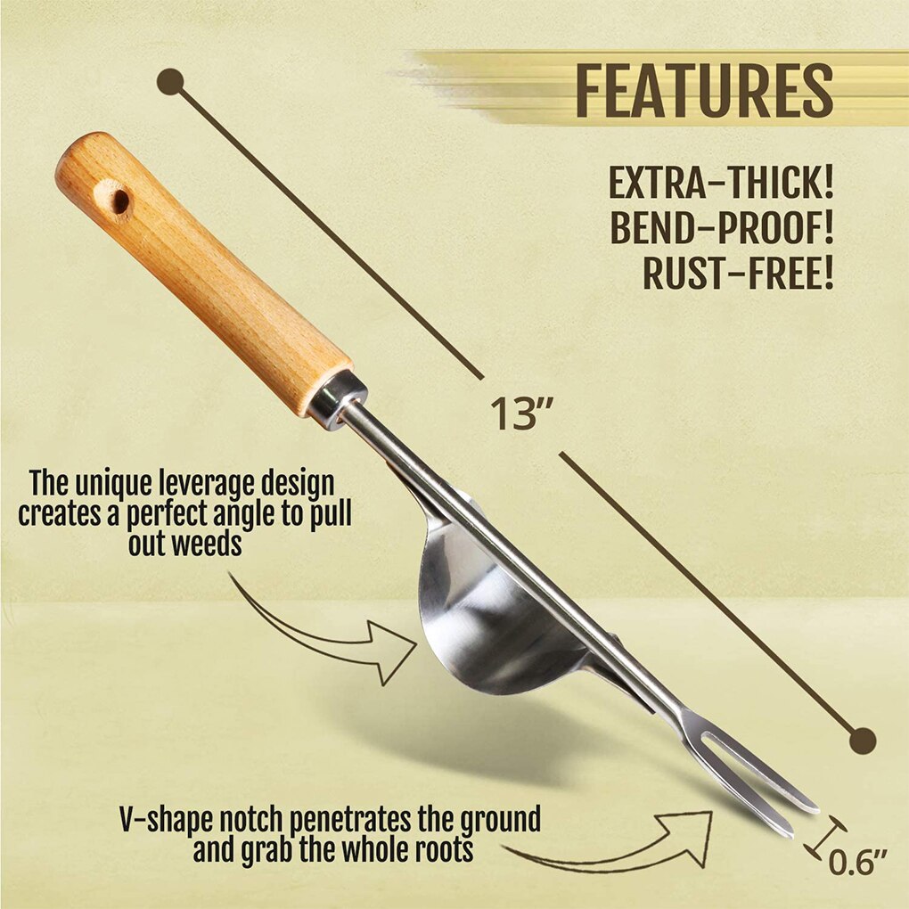 Weeder-escardador de jardín Manual de madera de acero inoxidable, herramienta con asa de madera
