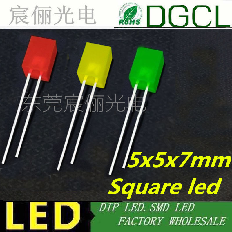 5mm dip ledet diffust indikator flad top led diode 5 x 5 x 7mm firkantet rød / grøn / gul / blå lys led (ce & rosh)