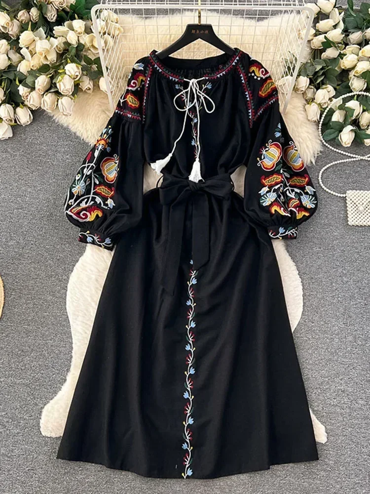 Boho-Kleid für Damen, Jahrgang-Stil, Ethno-Stil, Laterne, langärmelig, bestickt, Rundhalsausschnitt, schmales A-Linien-Kleid aus Baumwolle und Leinen: Blau